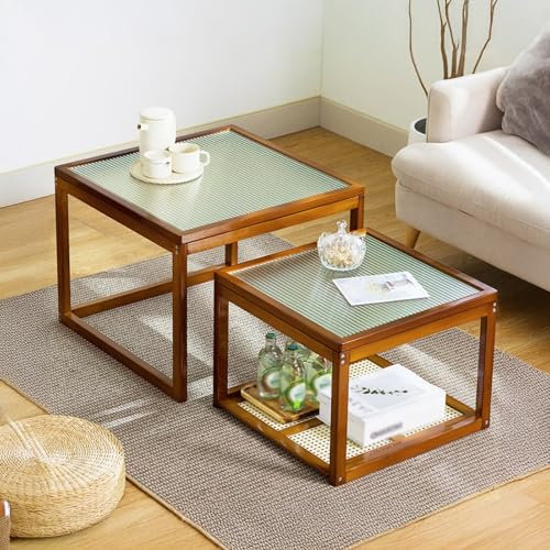 CTREVL Couchtisch Modern Design, Couchtisch Quadrat 2er Set, Gehärteter Glastisch für Wohnzimmer für Wohnzimmer Schlafzimmer Büro Stauraum Ist Unten Vorhanden (Braun)