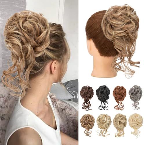 Benehair Dutt Haarteil mit Klammer Natürlich Messy Bun Haarteile für Dünnes Haar Synthetik Haar Scrunchies Haardutt Haarteile für Frauen Mädchen(Hellbraun mit goldenen Spitzen, 75g)