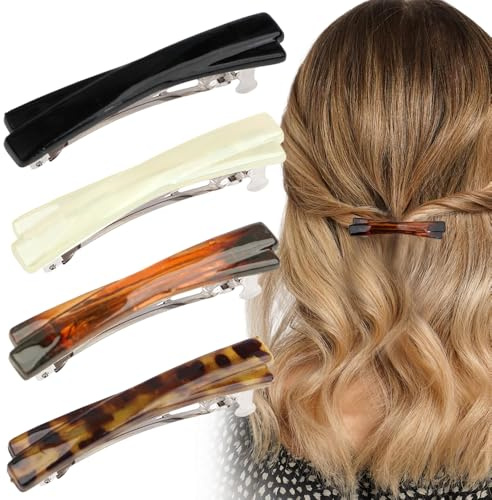 Lot de 4 barrettes à cheveux françaises pour femme - Cheveux fins - Petite pince plate brevetée - Barrette à cheveux française pour femmes et filles (noir, blanc, léopard, marron)