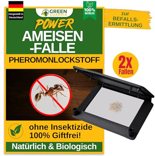 GREEN GUARDIA Ameisen Falle mit Pheromon-Lockstoff - 2X Fallen - umweltfreundlich Ameisen bekämpfen, Chemiefreie Pheromonfalle mit austauschbaren Klebeflächen, giftfrei und geruchsneutral