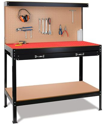 Brigros - Banco Da Lavoro Officina Professionale Con Cassetti E Pannello Portautensili, Tavolo Da Lavoro Garage 120x60x150 Cm Con In Metallo Verniciato Con Tappetino Rosso