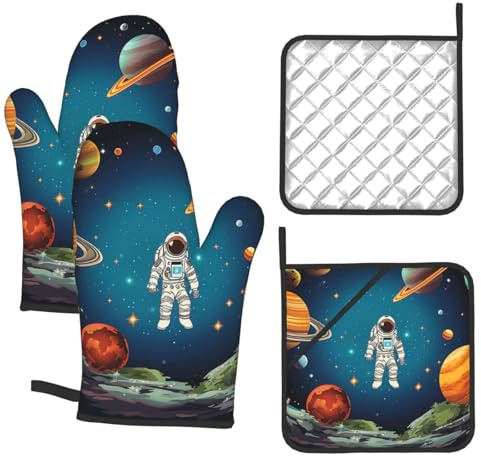 4PCS Oven Mitts and Pot Holders Set, Outer Space Rocket Astronaut Heat Resistant Oven Gloves Waterproof Cooking Gloves Hot Pads with Hanging Loop for Kitchen BBQ Outdoor Grilling