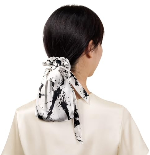 LILYSILK 100% Maulbeerseide Haargummis 2er Set Damen Reine Seiden Haarbänder Mit Aufbewahrungsbeutel Haarpflege,Weißer Marmor Muster