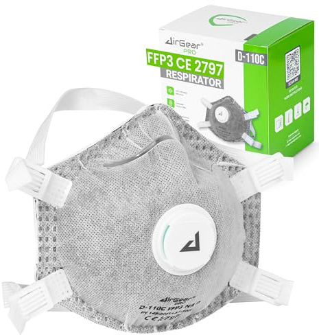 AirGearPro Mascherina FFP3 con Valvola – Maschera Antipolvere per Polveri Sottili con Strato al Carbone Attivo – Per Lavoro, Verniciatura a Spruzzo, Cantiere – Mascherine FFP3 Certificate – 5 Pezzi
