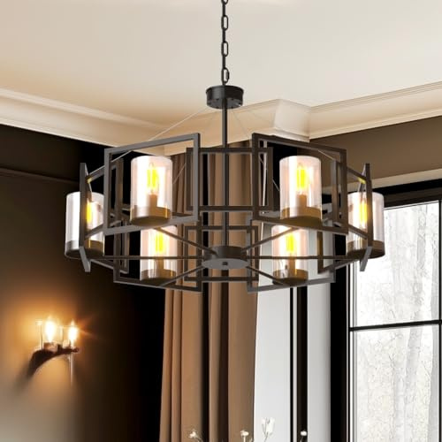 Vrygle Kronleuchter Industriestil Deckenleuchte Schwarz, 6-flammige Pendelleuchte mit E14, höhenverstellbare Vintage Deckenlampe mit Glas-Lampenschirmen für Wohnzimmer, Schlafzimmer, Kücheninsel