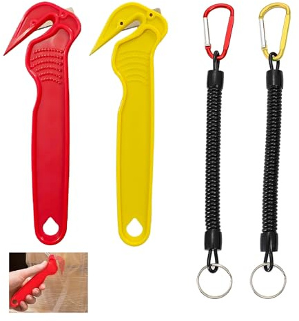 2 Pcs Box Cutter, Safety ABS Cardboard Disposable Film Cutter Double Side Strapping Opener Comfortable Grip Hook Tool with 2 Stretchy Coil Key Chains for Carton Package