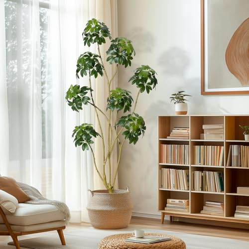 Garvee Künstlicher Schirm Scheffler Baum 180 cm, Künstliche Pflanzen Groß wie echt mit Stamm aus Naturholz, Kunstbaum Groß für Wohnzimmer, Schlafzimmer, Büro, Garten