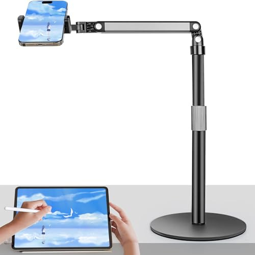 KOSLEOW Soporte Movil para Grabar Video, 360° Ajustable y Plegable Tripode Cenital para Movil Mesa, Compatible con iPhone/Samsung para Streaming, Arte de Uñas y Filmación Profesional