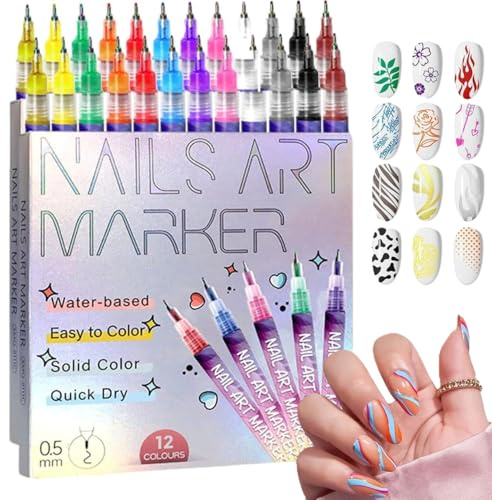 Nail Art Pens, Set of 12 Colours 0.5MM Nail Art Markers, Quick-Dry Gel Nail Markers, 3D Pens for Graffiti, Dotting, Liner & Painting, DIY Nails Art Tool (Set of 2)