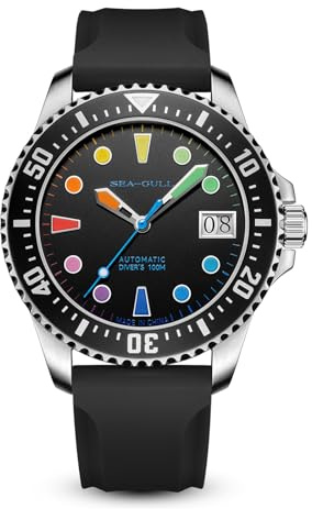 SEA-GULL Automatische Taucheruhr für Herren, 100 m wasserdicht, mechanische Armbanduhr mit bunten Markierungen, synthetisches Saphirglas, Silikonband