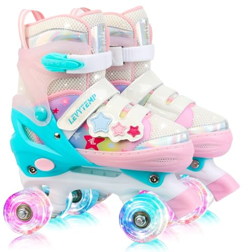 LEVYTEMP Kids Roller Skates for Girls Kids with Light Up Wheels, Adjustable 4 Sizes (10C-7.5Y), Star Design, Triple Safety System, Ideal Gift for Ages 3-12