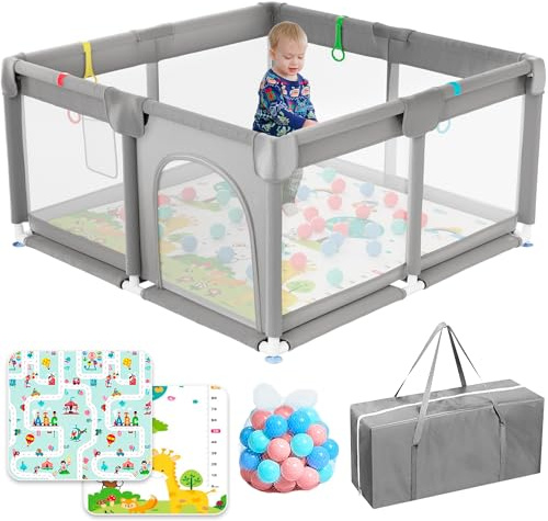 JUPPLIES Parque Infantil Bebe 120x120cm + Alfombra Bebe + 50 Bolas + Bolsas de Transporte – Corralito Bebe con Malla Transpirable – Parque de Juegos Bebe – Playpen Bebe - (Gris V2)