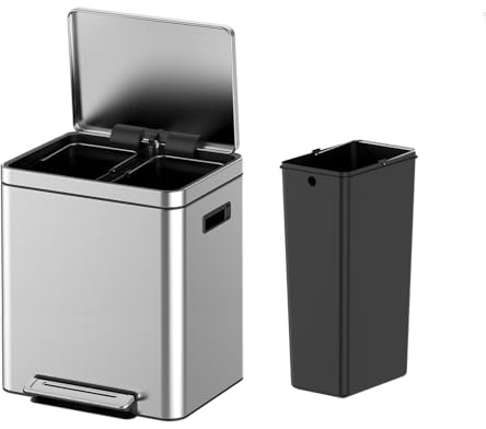Garvee Dual Compartment Trash Can with 2 Removable Buckets, Brushed Stainless Steel Recycling Bin with Soft-Close Lid & Foot Pedal, Rectangular Kitchen Garbage Can for Waste Separation