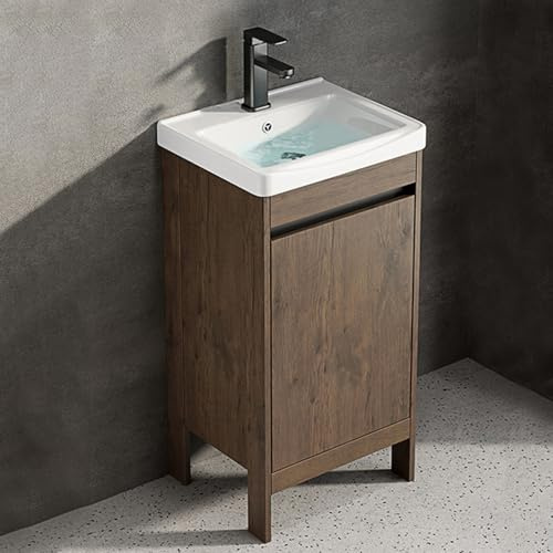 TYMYW Badezimmer Unterschrank mit Waschbecken und Wasserhahn Waschbeckenunterschrank Stehend mit Füßen mit Puffertür,braun,43cm