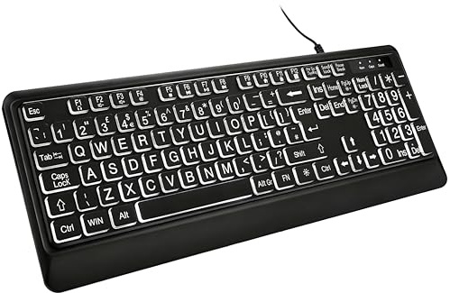 DHKBL Large Print Backlit Computer Keyboard - White Illuminated LED Backlight, USB Wired UK Full Size Keyboard with Num Pad, £ Key & Adjustable Feet for Business, Office, Home & Windows PC (QWERTY)