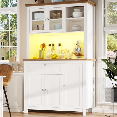YAIXBNG köksskåp (104 × 40 × 180 cm), högskåp köksbuffé, vitrinskåp, bufféskåp med justerbara hyllor, skänk med LED-belysning, variabla ljusfärger, vit