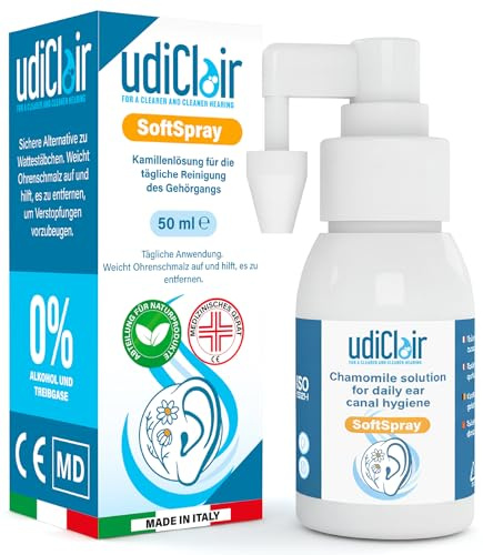 Spray Auriculaire pour Bouchon de Cérumen 50ml - UdiClair SoftSpray Traitement Nettoyant Oreilles Adulte Enfant Dissolution Rapide avec Jet Nébulisé - Solution Isotonique à La Camomille Made in Italy
