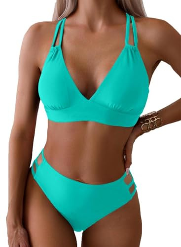 Joligiao Costume da Bagno Donna Due Pezzi Scollo a V Triangolo Costumi da Bagno Push-up Reggiseno Imbottito Bikini Donna Mare Vita Alta Bikini Set Regolabile Costumi da Mare Spiaggia(Blu,S)