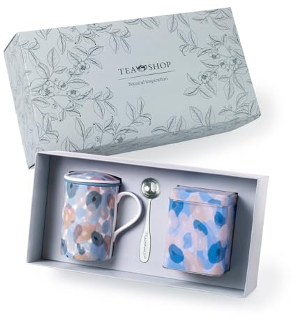 TEA SHOP - Pack Taza de porcelana con Filtro y Tapa + Lata y Cuchara medidora - Set Tea Time Classic Breeze - Perfecto para Regalo