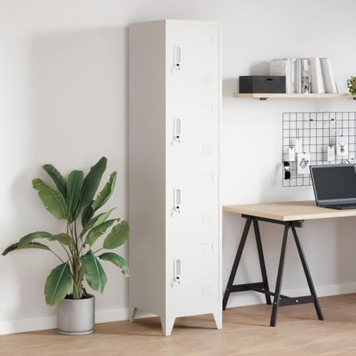 Nusvialune Schließfachschrank Metall mit 4 Fächern 38x45x180 cm, abschließbar mit Schloss, Lüftungsöffnungen, Namensschild-Rahmen, Büro, Schule, Werkstatt, Stauraum, Ordnung