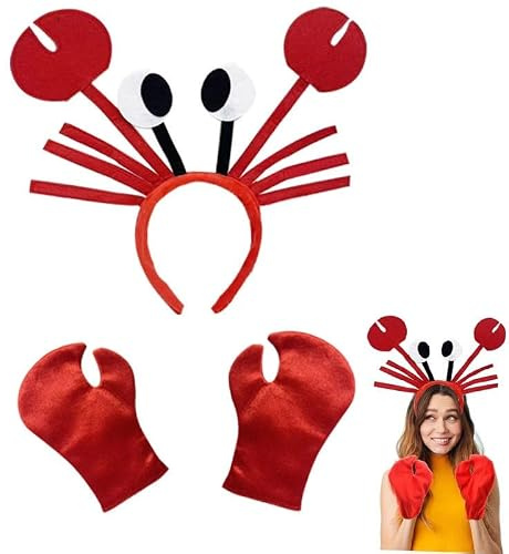 FakeFace Red Crab Costume Accessory Set with Headband and Claw Gloves | Funny Crab Eyes Legs Hair Hoop Lobster Claw Gloves for Sea Creature Cosplay, Halloween, and Themed Party