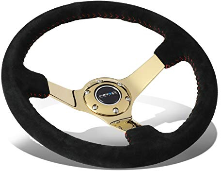 NRG Innovations NRG-RST-036GD-S verstärktes Lenkrad – 350 mm Sportlenkrad (91 cm tief) schwarzes Wildleder mit roter Baseball-Naht – Chrom-Goldspeichen