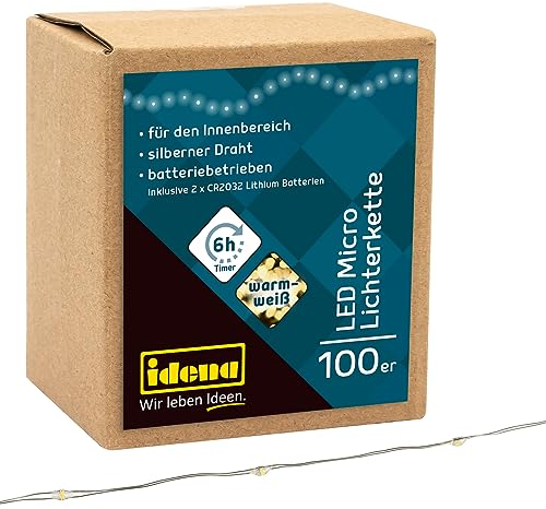 Idena 30185 - Micro catena luminosa a LED con 100 LED in bianco caldo, con funzione timer 6 ore, a batteria, lunga circa 10,2 m, per feste, Natale, decorazione, matrimonio, come luce d'atmosfera