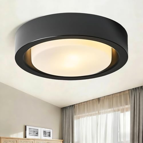 COTULIN Black Flush Mount Ceiling Light,13 Inch Matte Black Ceiling Lighting Fixture,2-Light Modern Round Metal Lamp with White Frosted Glass Shade for Hallway Bedroom Closet Outdoor