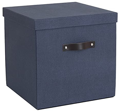 Bigso Box of Sweden LOGAN Aufbewahrungsbox mit Deckel – große Klappbox für Kleidung, Spielzeug usw. – Ordnungsbox mit Griff aus Faserplatte und Papier mit Leinenoptik – blau