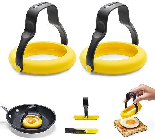 Dreamfarm Flegg Set of 2 Flip, Lift & Serve Silicone Egg Rings | Flexible cooking molds, picks up and releases fried eggs, heat resistant and safe on non-stick cookware with sit-up handle