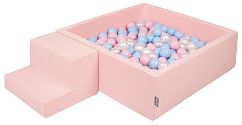 KiddyMoon Spielplatz Aus Schaumstoff Mit Quadrat Bällebad (100 Bälle) Ballgruben Für Babys Spielbad Hindernisläufen, Hergestellt In Der EU, Pink:Babyblue/Puderrosa/Perle
