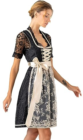 Dirndlspatz Midi Dirndl Damen aus Exklusiver Kollektion inkl. Spitzenschürze schwarz 1003