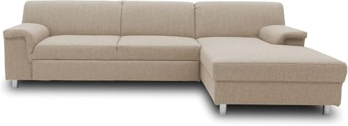 DOMO. collection Ecksofa Junin, Longchair rechts mit Bettfunktion, beige | Longchair rechts mit Bettfunktion, L-Form Sofa, Metallfüße in Chromoptik, Schlaffunktion, 251 x 150 x 72 cm (BxTxH), beige