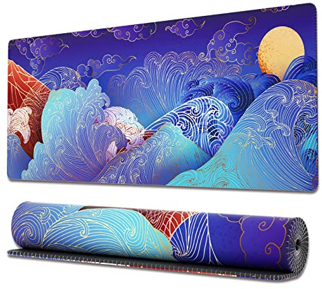 Ovenbird Large Gaming Mouse Pad with Stitched Edges and Japanese Wave, Extended XL Anti-Slip Mat for Keyboard and Mouse, 31.5 x 11.8 in, Blue