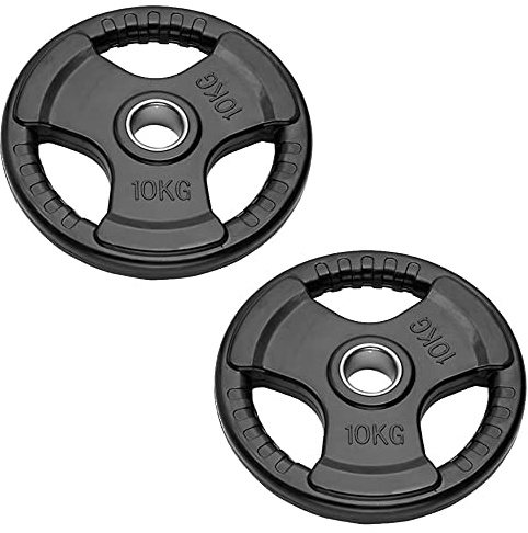 Par olympiska skivor för skivstång och hantlar | Bumper Plates 50 mm hål gummierade viktskivor 2,5 kg till 20 kg (2 skivor 10 kg)