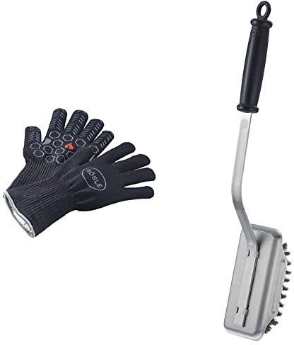 RÖSLE Premium-Grillhandschuhe, Hochwertige Handschuhe zum Schutz vor Verbrennungen & Barbecue-Reinigungsbürste SlideX, Hochwertige Grillbürste mit langem Stiel und Kunststoffgriff