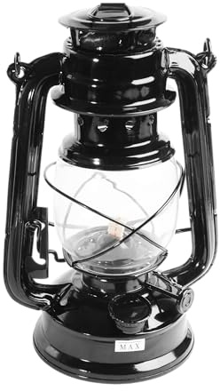Metrox Petroleumlampe (schwarz, 24cm, 100ml Fassungsvermögen, mit Docht & Tragegriff, korrosionsbeständig, tragbare Lichtquelle, windfest, Dekolampe Außenbereich, Campinglampe, Öllampe) 1556