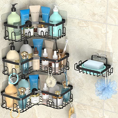 stusgo 4 Pack Corner Shower Caddy, Stainless Steel Corner Shower Shelf with Hooks, No Drilling Shower Rack Corner, Adhesive Corner Shower Shelves, Bathroom Shower Organizer Wall Mounted, Black