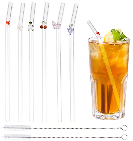 6 PCS Glass Straws Reusable Bent Straws with Design, Coffee Straw Glass with 2 Cleaning Brushes, Transparent Straws for Smoothies Cocktail Juice Coffee Milkshakes