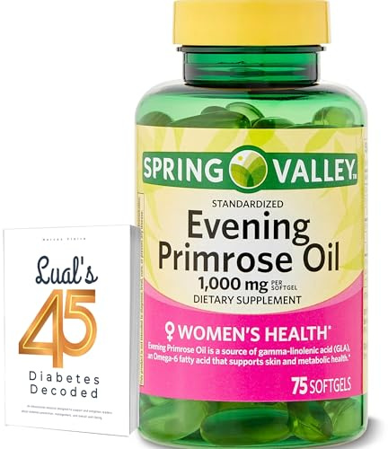 Spring Valley Evening Primrose Oil Women's Health Dietary Supplement Softgels, 1000 mg, 75 Count, Softgels, Evening Primrose Oil Capsules 1000mg Bundle with LualL's 45 Diabetes Decoded
