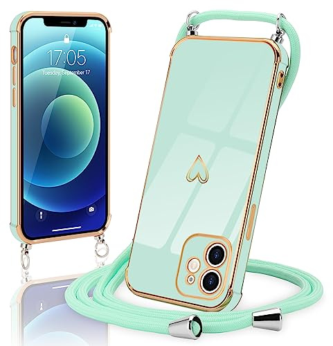 Micoden Handykette kompatibel mit iPhone 11 hülle Ultra dünn Kameraschutz Herz Love Design Galvanik Silikon Bumper Kordel zum Umhängen Handyhülle mit Band Schutzhülle,Mintgrün