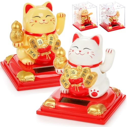 Cididu 2 Pack Solar Waving Cat, Lucky Cat Waving Arm Solar Powered, Good Luck Fortune Cats Window Sun Catcher Car Dashboard Decor, Portable Suncatchers Welcoming Cats with Clear Cover