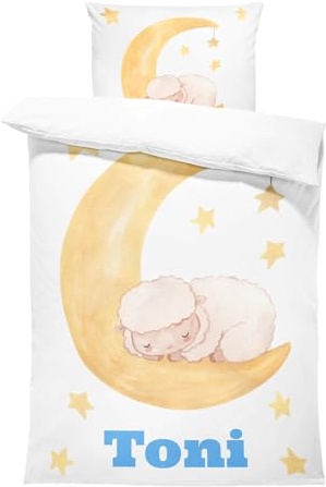 Pictogogo Personalisierte Baby Bettwäsche mit Schafmotiv, Wählbare Unterfarbe aus Baumwolle, Kinderbettwäsche Mit Namen, Babybett Komplett Set Mit Reißverschluss (Schaf und Mond, 100 x 135 cm)