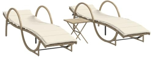 vidaXL Sonnenliegen 2 STK., Sonnenliege mit Tisch Kissen, Gartenliege für Außenbereich, Liegestuhl Relaxliege Gartenmöbel, Beige Poly Rattan