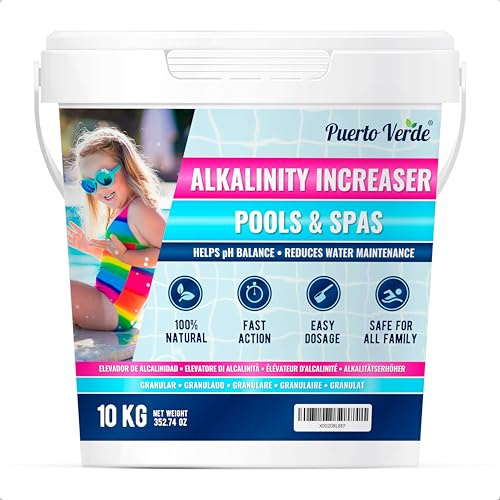 Puerto Verde • Pool & Spa Alkalinität Heber 10 Kg. Korrektur der Gesamtalkalität (TAC) & pH-Balance. Schnell Wirkend. Pulver-Format. Hermetischer Eimer. Inklusive Dosierbecher. Europäische Produktion.
