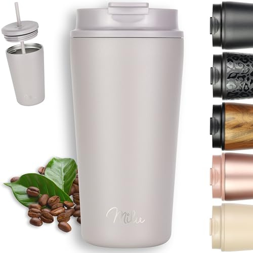 Milu Thermobecher 500ml - 100% Auslaufsicher - Edelstahl Kaffeebecher to go isoliert mit Strohhalm hält 10h heiß / 20h kalt, BPA-frei (Taupe Grau, 500ml)