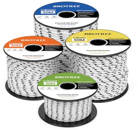Brotree Polyesterseil 4mm x 30m Weiß/Schwarz - Seil Schnur Reißfest Allzweckseil für Festmacher, Boot, Fahnenmast, Zelt, Outdoor - 300KG Bruchlast