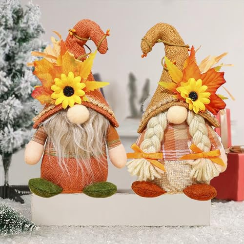 HNLMZ Decorazioni Autunnali Gnomi,2 Pezzi Autunno Peluche Gnomo,Nani Elfi Foglia D'acero Girasole,Decorazioni Autunnali in Peluche per Caminetto per Natale, Ringraziamento