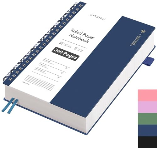 EMSHOI - Quaderno A4 a righe, blocco per appunti, quaderno a spirale 300 pagine / 150 fogli per scrivere, carta college a righe 100 g/m², copertina rigida in PVC, per lavoro ufficio scuola 21,5 x 27,9