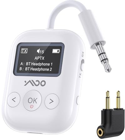 YMOO Upgraded Bluetooth 5.4 Transmitter Receiver für Flugzeug, Wireless Bluetooth Transmitter Travel Essentials, unterstützt 2 AirPods/Kopfhörer, 2-in-1-Adapter für Flugzeuge, TV (Weiß)